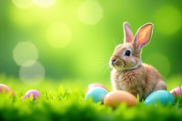 Pastel bunny, colorful eggs nestled in vibrant green grass, nature, eggs, green