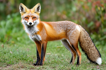 Elegant red fox standing alert in a lush green grassy meadow portrait