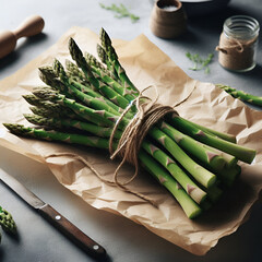 Bundle of Fresh Green Asparagus on Crumpled Paper with Rustic Setting