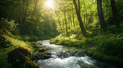 Obraz premium Tranquil creek flowing through a sun-drenched forest in the morning