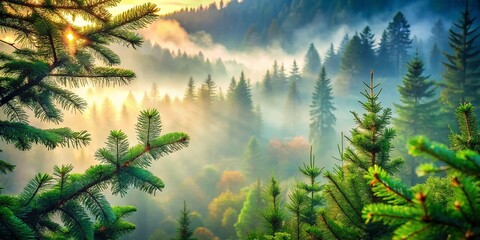 Misty Evergreen Forest Watercolor Painting - Serene Nature Scene