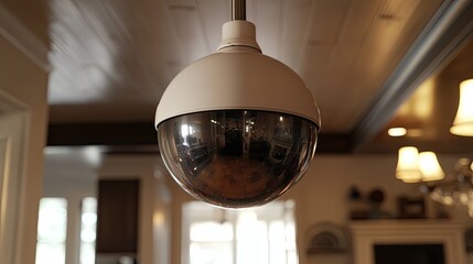 Dome security camera with home interior.