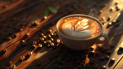 Cup of coffee showcasing latte art surrounded by coffee beans on a vertical wooden surface. Generated .