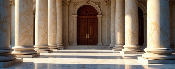 Obraz premium Massive marble columns frame a grand entrance, intricate carvings detail the facade , heritage, facade