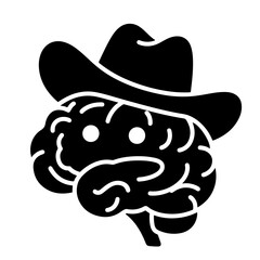 A brain wearing a cowboy hat, black and white vector illustration.