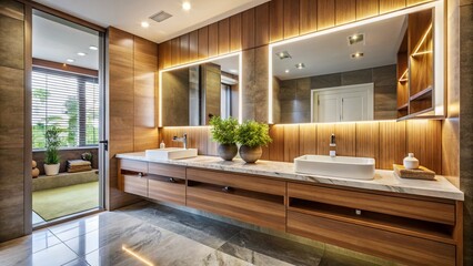 Modern Bathroom with Double Sinks, Wooden Vanity, & Marble Walls - Luxury Spa-Like Design
