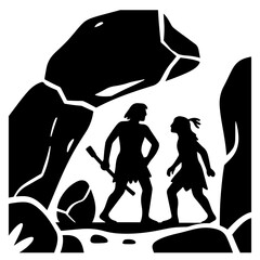 A black and white vector illustration of two cavemen silhouetted against a rocky cave backdrop.