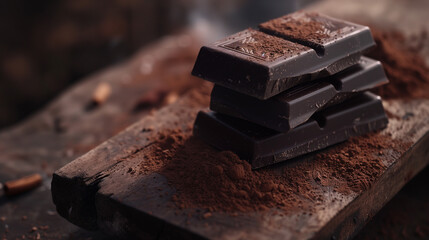Dark vertical chocolate bars stacked on a wooden board with cocoa powder. Generated AI -