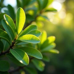 Obraz premium Sun-drenched eucalyptus leaves, sharp focus on foreground, blurred background, natural, texture