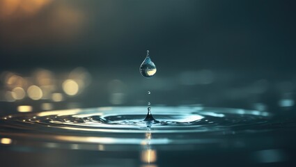 Cinematic water drop with moody film aesthetic, Solitary drop photo with dramatic color grading, Ethereal keyframe with blurred background tones

