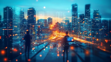 Futuristic cityscape with glowing digital elements overlaying skyscrapers