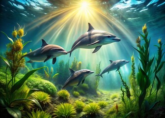 Panoramic Underwater Dolphins: Graceful Swim Beneath Lush Foliage