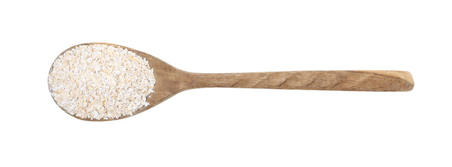 Superfood product. Oat powder in spoon isolated on white, top view