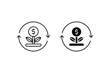 Return on investment icon features two money plants with circular arrows, symbolizing growth and financial success. Suitable for finance and investment concepts.