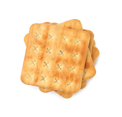 Stack of tasty salty crackers isolated on white, top view