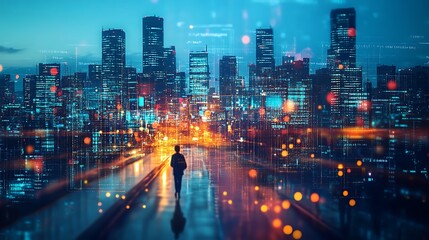 Obraz premium Futuristic cityscape with glowing digital elements overlaying skyscrapers