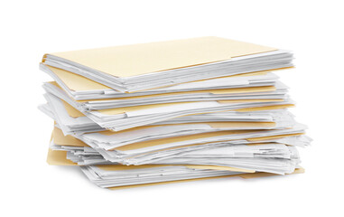 Stack of file folders with papers isolated on white