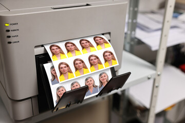 Modern printer with passport photos of women indoors, closeup