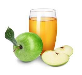 Tasty apple juice in glass and fresh fruits on white background