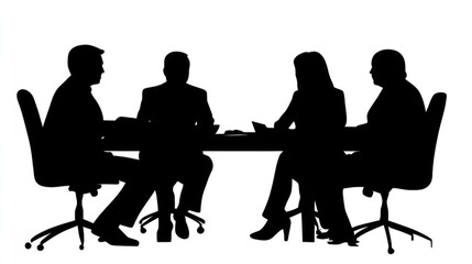 Four people seated around a table, engaged in a meeting or discussion.  Silhouettes of business professionals, likely in a conference room, focused on work