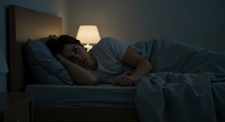 Trouble sleeping insomnia concept sleepless man in bed awake at night mental health issues and sleep disorder