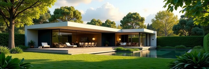 Sleek contemporary home, secluded garden, sunny terrace, sky, fence, elegant