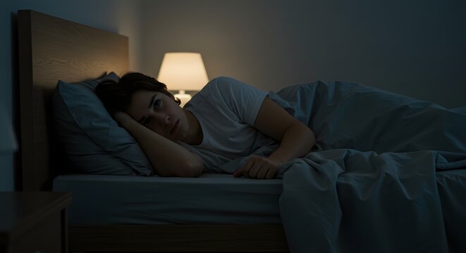 Trouble sleeping insomnia concept sleepless man in bed awake at night mental health issues and sleep disorder