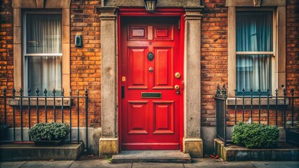 Fototapeta premium Red Front Door Urban City House - Documentary Style Stock Photo