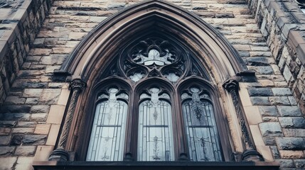 Fototapeta premium Elaborate Gothic Window Design on a Historic Stone Cathedral Facade