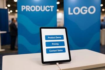 A tablet displays options for Product Demo, Pricing, and Contact Sales at a branded booth. Concept of interactive product showcase and lead generation