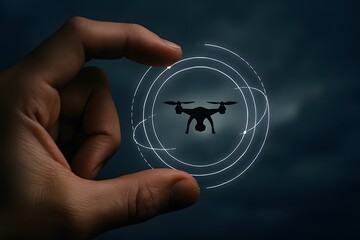 A hand pinches a hovering drone icon framed by circular signal waves. Concept of precision drone control and connected UAV operations