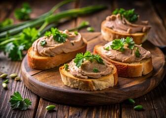 Rich Duck Liver Pâté on Toasted Bread with Parsley Garnish - Low Light Gourmet Food Photography