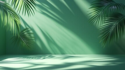 Abstract green background with palm leaf shadows for eco cosmetic product display, natural and minimal design with geometric backdrop, perfect for beauty brand banners