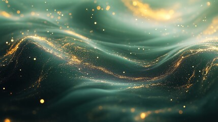 Abstract liquid green background with golden sparkles, luxury texture, smooth gradient for elegant designs