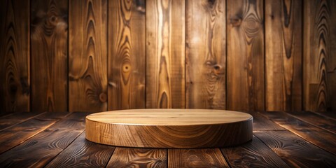 Rustic Round Wooden Pedestal Product Display on Brown Wood Background - Stock Photo