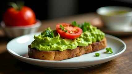 Fresh avocado toast topped with tomato and herbs on a rustic wooden table in a cozy cafe setting
