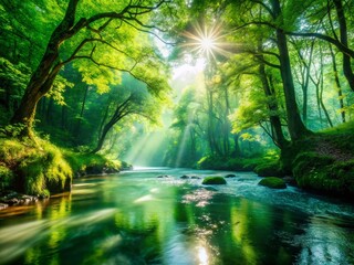 Obraz premium Serene Forest River: Double Exposure Nature Photography