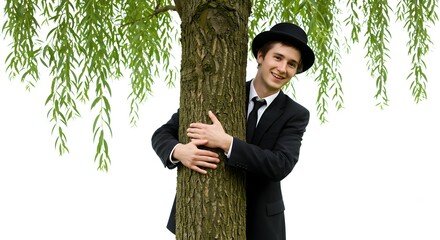 Man hugging tree wearing suit and hat nature love environmentalism tree hugger conservationist outdoor scene