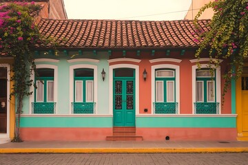 Front view of a colorful Latin American house in Lima, Peru, featuring traditional architecture and vibrant urban charm in a South American townscape.
