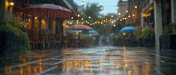 Rainy night street scene with cafe umbrellas and string lights