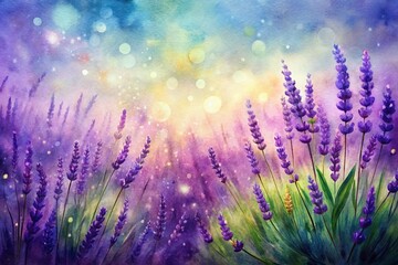 Fototapeta premium Serene Lavender Watercolor Panorama: Lilac & Sage Tones, Textured Paper, High Resolution Stock Photo