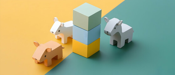 Cute Pixel Animals On Colorful Stacked Blocks