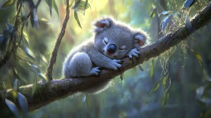 A sleepy koala bear comfortably resting on a tree branch
