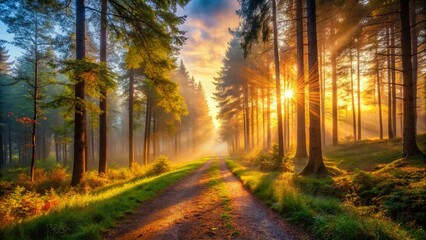 Fototapeta premium Serene Sunrise Forest Trail: Peaceful Dawn Hike in Woods