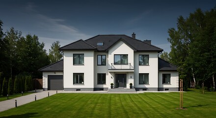 An elegant modern single-family house located in Poland, featuring a neat lawn with no fence. The European-style design includes a sleek facade, roof tiles, and expansive windows, emphasizing its spac