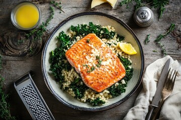 Pan-seared salmon fillet atop a bed of kale and couscous, garnished with lemon and fresh herbs  A healthy and flavorful dish