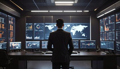 A businessman in a modern control room monitoring global financial markets and data analytics on multiple digital screens, overseeing real-time economic performance and trends.
