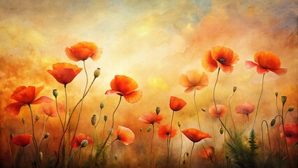 Obraz premium Serene Watercolor Poppies Panorama: Scarlet & Sienna Tones on Textured Paper
