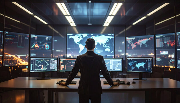 A business professional stands in a futuristic control room, observing global data, charts, and real-time analytics on multiple digital displays to assess worldwide activity and performance.

