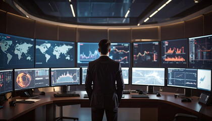 Business executive analyzing global market trends on multiple financial dashboards
